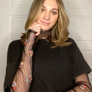 Free People lace mock neck shirt with floral lace sleeves and mock neck